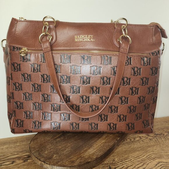 Badgley Mischka Monogram Leather Tote Bag With Gold Hardware - Picture 1 of 10